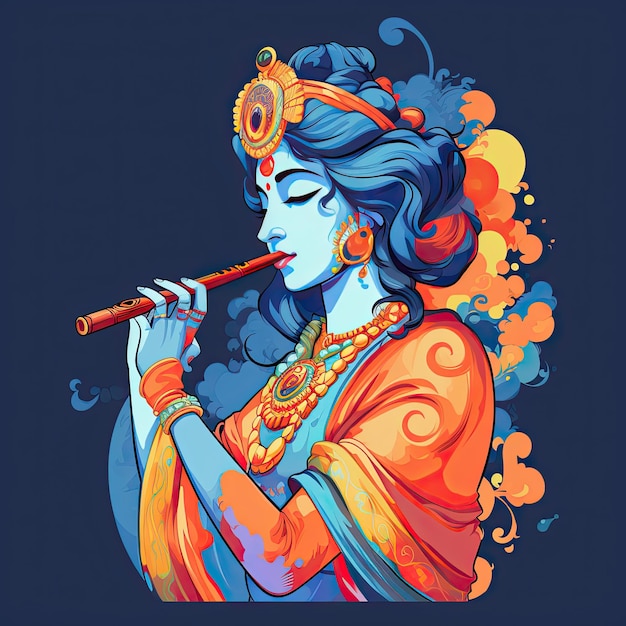 Bunte 2D-Illustration von Lord Krishna, der Flöte für Krishna Janmashtami-Hintergrund spielt