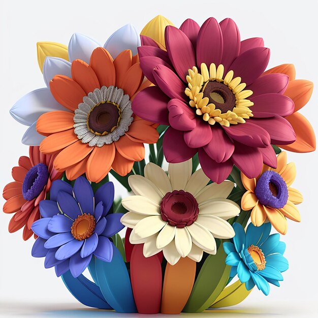 Bunte 3D-Blumen sind ein Strauß mehrfarbiger Blumen. Hellweißer Hintergrund