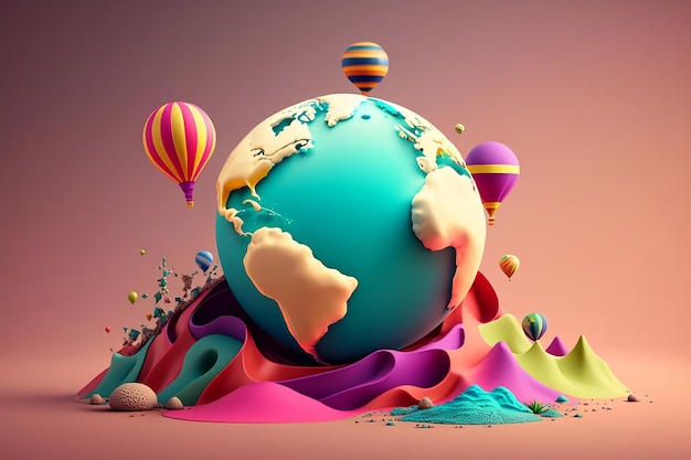 Bunte 3D-Globuskarte mit Heißluftballons isoliert auf sauberem Hintergrund Konzept des Welttages der Erde
