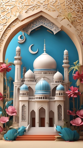 Bunte 3D-Moschee-Illustration, Ai generiert