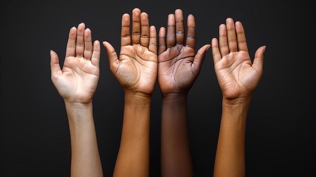 Bunte afrikanische Hände mit verschiedenfarbiger Haut, wobei die Hand die schwarze Oberfläche hochhält