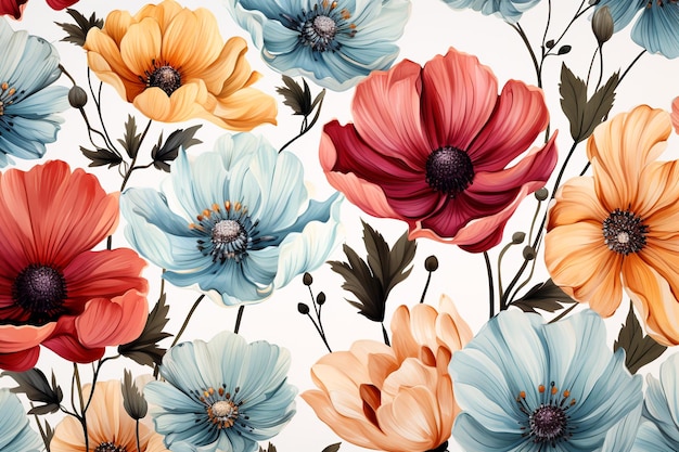 Bunte Aquarell-Blumenmuster-Illustrationsdesigns Ai Generative