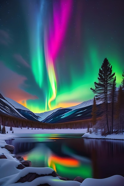 Bunte Aurora Borealis-Nordlichter strömen in Farbe über die Winterlandschaft