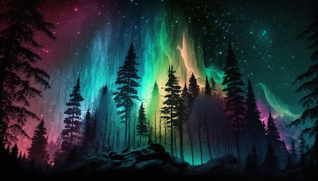 Bunte Aurora mit Waldlandschaftshintergrund