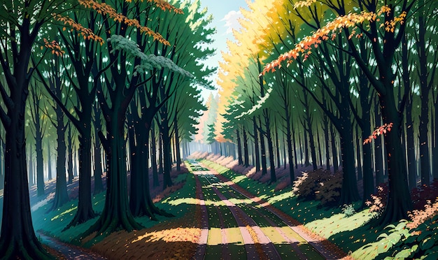 Bunte Bäume mit einem Weg Herbstlandschaft Hintergrundmalerei Illustration Generative KI