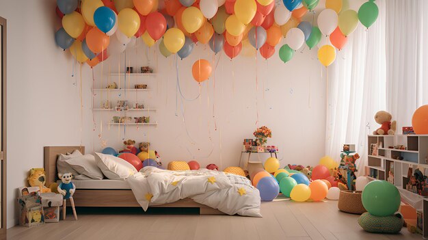 bunte Ballons in einem Raum bunte Geburtstagszimmer mit Ballons bunter Ballons Hintergrund