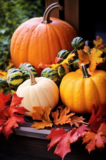 Bunte Blätter und Kürbisse erinnern an den Herbst