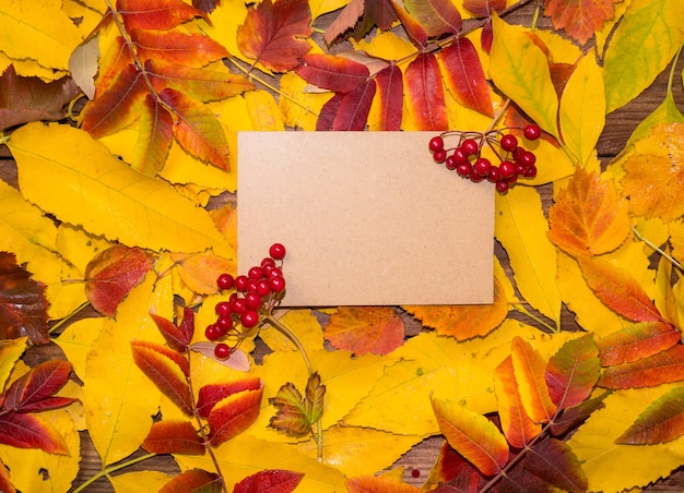 Bunte Blätter und leere Tagebuchseiten und ein Haufen roter Beeren