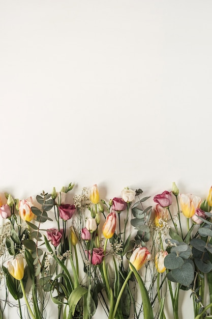 Bunte Blüten: Tulpen, Eukalyptus, Rosen auf Weiß