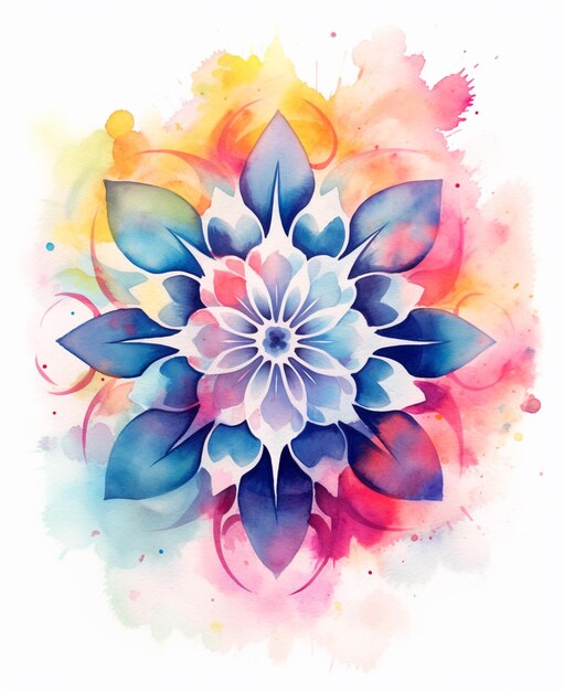 Foto bunte blume mit aquarellspritzern auf weißem hintergrund, generative ki