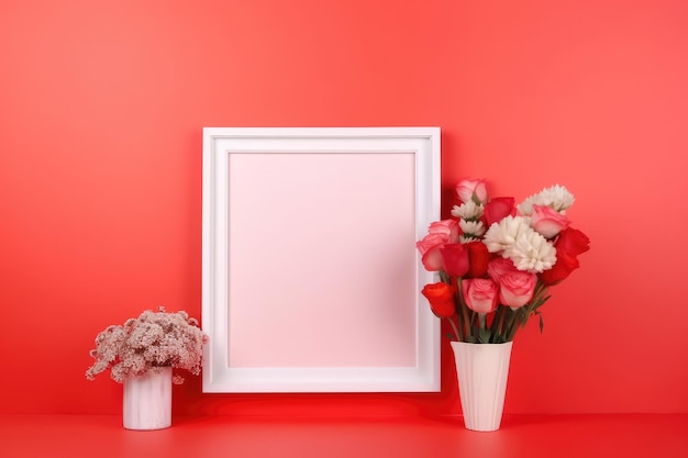 Bunte Blumen an einer rosa Wand mit einem leeren weißen Bilderrahmen