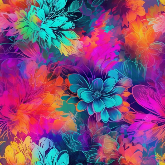 Bunte Blumen auf dunklem Hintergrund mit generativem Hintergrund in Blau und Orange