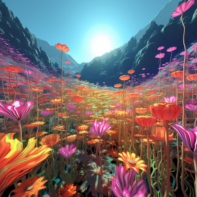 bunte Blumen auf einem Feld mit Bergen im Hintergrund generative ai