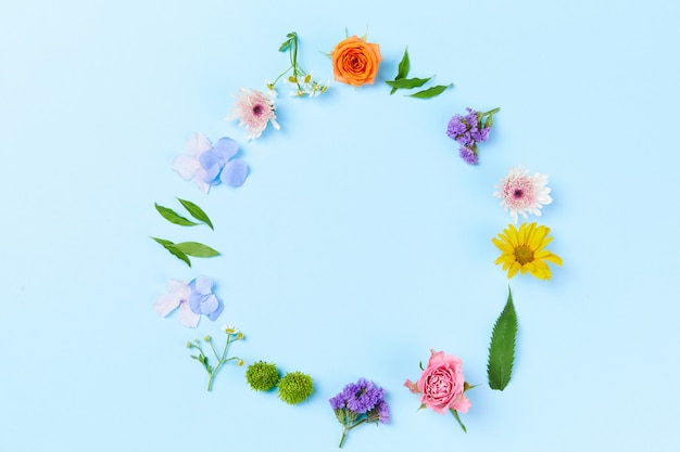 Bunte Blumen in einem Kreis auf Pastellhintergrund