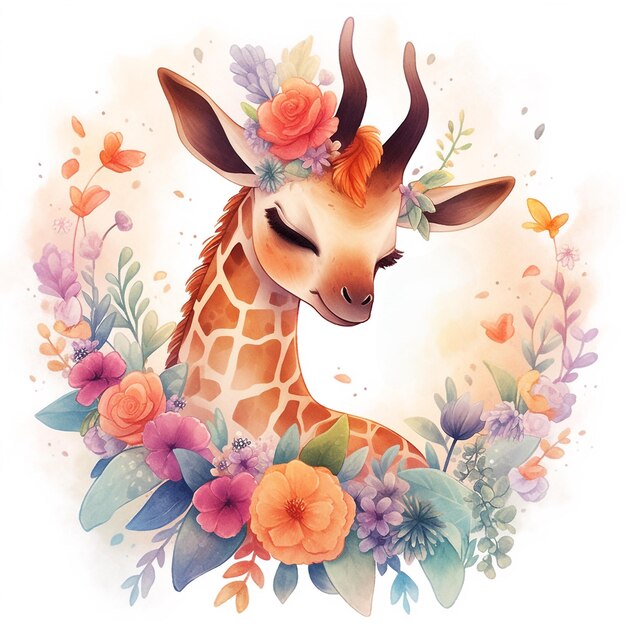 Bunte Blumen mit Baby-Giraffe und Platz für Text