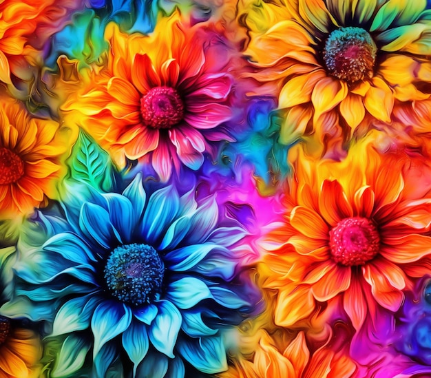 Bunte Blumen sind in einem Muster mit einem blauen generativen Mittelpunkt in der Mitte angeordnet