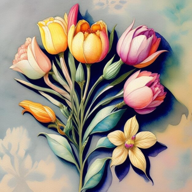 bunte Blumenblumen in Aquarell-Stil, die auf einem strukturierten Hintergrund in matten Pastellfarben gezeichnet sind