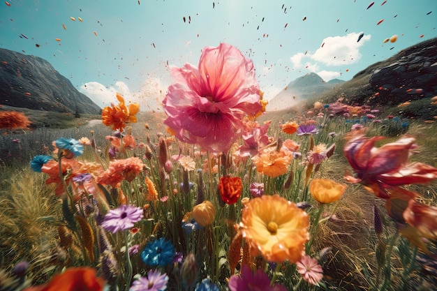 Bunte Blumengartenlandschaft mit strahlend blauem Himmel, sonniger Tag, KI-generierter Hintergrund