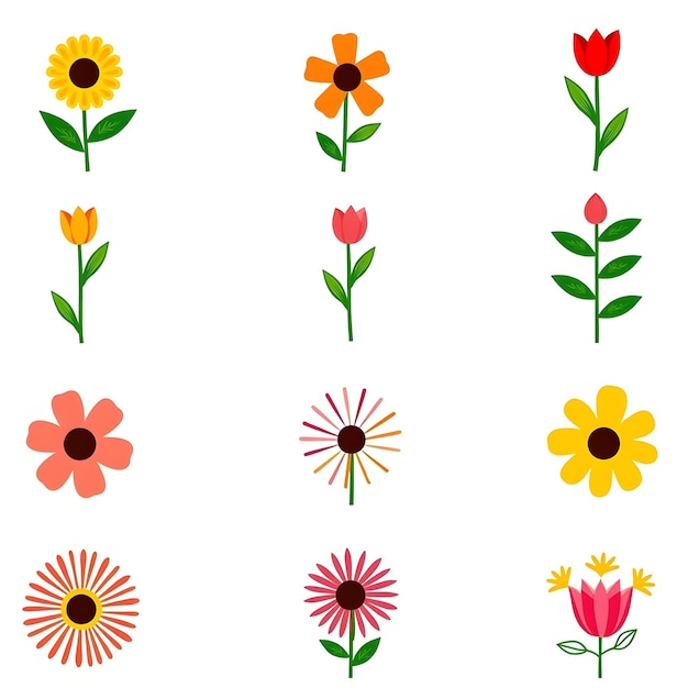 bunte Blumenillustrationen Sonnenblumen Tulpen Gänseblümchen florale Elemente stilisierte Blumen einfach