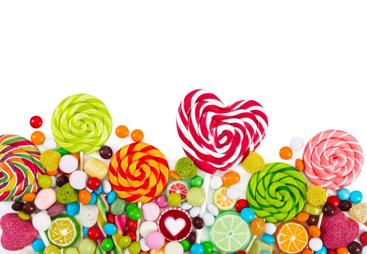 Bunte Bonbons und Lutscher Draufsicht