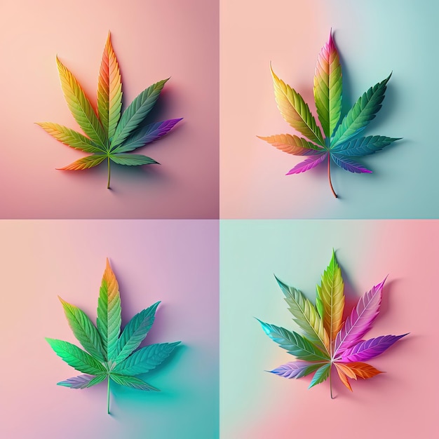 Bunte Cannabisblätter auf pastellrosa Hintergrund Generative KI