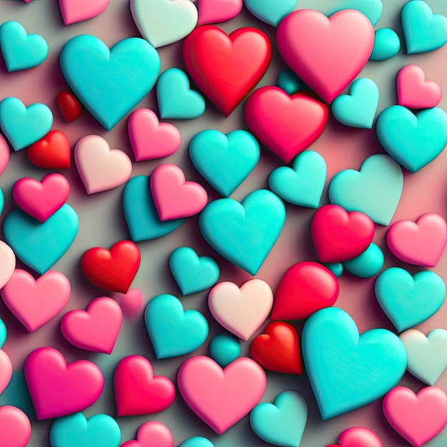 Bunte Cartoon-Herz-Hintergrund Rote blaugrüne und rosa Herzen Valentinstag Liebe und Romantik
