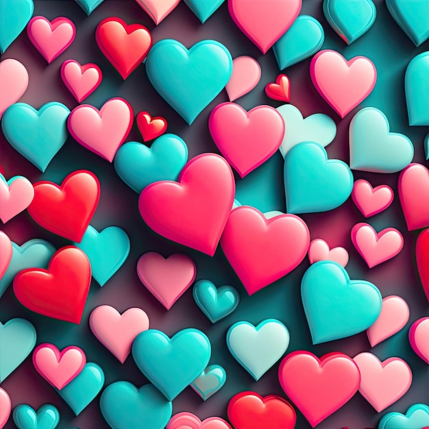 Bunte Cartoon-Herz-Hintergrund Rote blaugrüne und rosa Herzen Valentinstag Liebe und Romantik