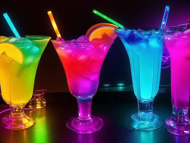 Bunte Cocktails in einem Glas auf der Bartheke mit Neonlichtern auf dunklem Nachthintergrund mit Lichtern