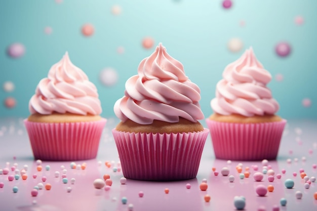 Bunte Cupcakes auf pastellfarbenem Hintergrund. Generative KI-Illustration