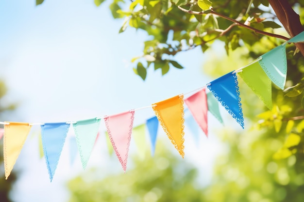 bunte Decoration mit Fahnensträngen in grünem Baumblatt