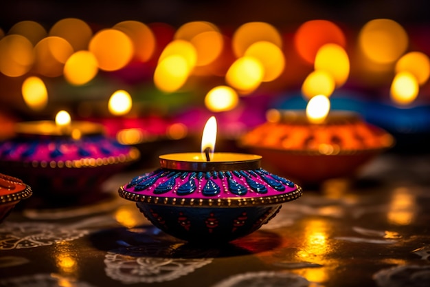 Bunte Diya-Lampen leuchten während der Diwali-Feier