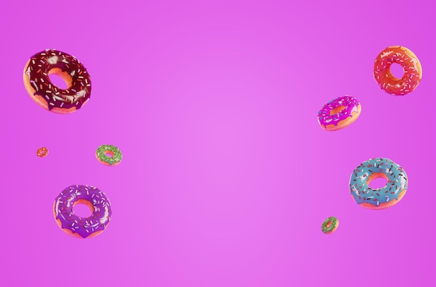 Bunte Donuts in der Luft 3D-Rendering Donut-Grenze Banner für die Werbung für ein Café