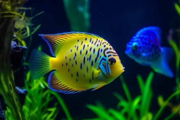 Bunte exotische Fische schwimmen im tiefblauen Wasseraquarium mit grünen tropischen Pflanzen