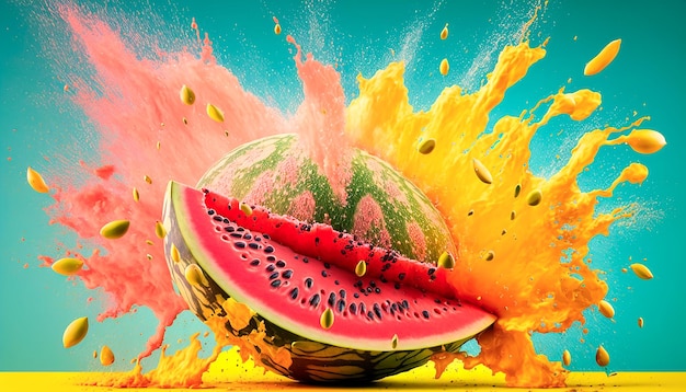 Bunte explodierende generative KI mit frischer Wassermelone