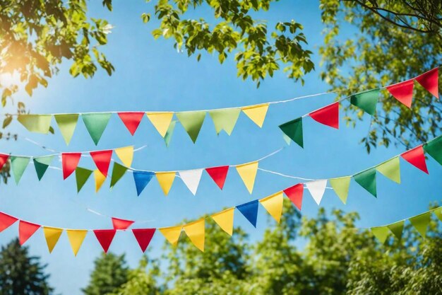 bunte Fahnen hängen an einem Baum mit Bäumen im Hintergrund