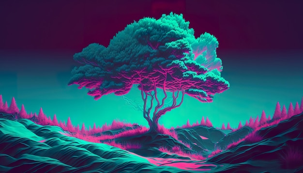 Bunte Fantasie glühender Wald Retrowave Kreative Illustration Ai generieren