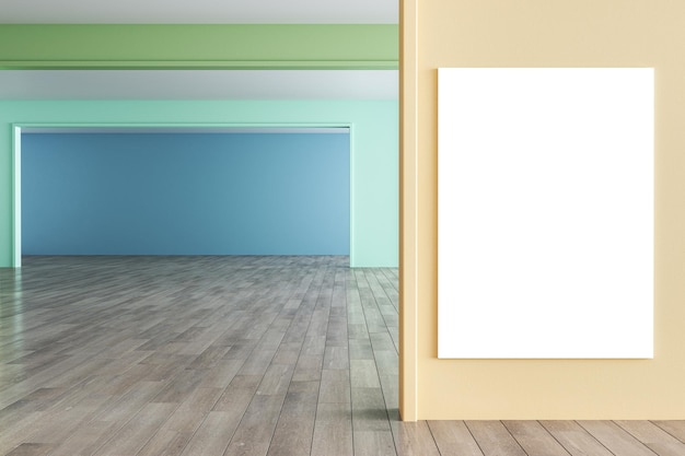 Foto bunte farbverlaufs-regenbogen-wohnzimmereinrichtung mit holzboden und leerem weißen banner-attrappe an der wand design- und kreativitätskonzept 3d-rendering