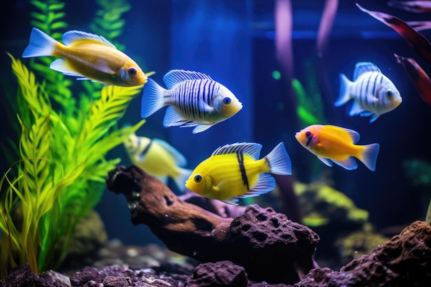 Bunte Fische schwimmen zusammen in einem Aquarium