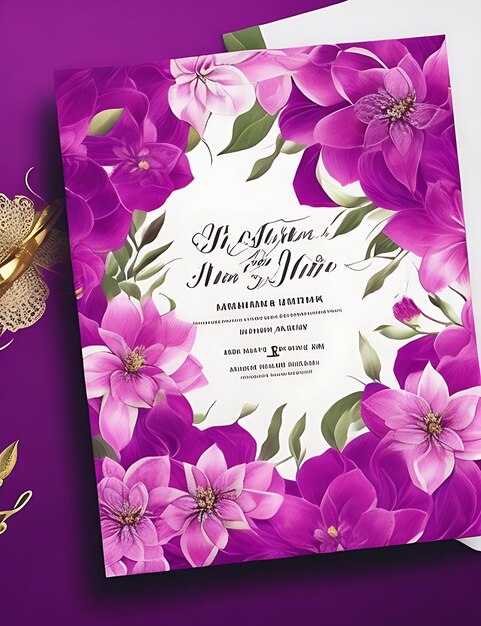 Bunte florale Hochzeitseinladungskarten-Vorlage in Magenta, elegantes Design im A4-Format