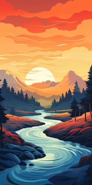 Bunte Fluss-Sonnenuntergang-Illustration mit lebendigem Kunststil