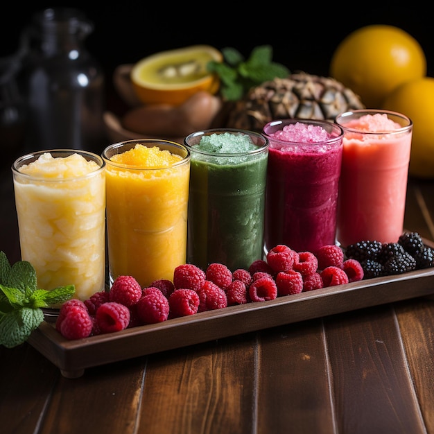 Bunte frische Säfte oder Smoothies auf einem Holzschreibtisch