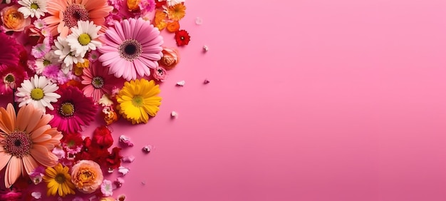 Bunte Frühlingsblume auf rosa Hintergrund, Draufsicht, generative KI