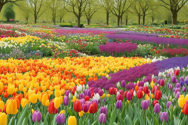 Bunte Frühlingsblumen und Blüten im niederländischen Garten „Keukenhof“ Holland