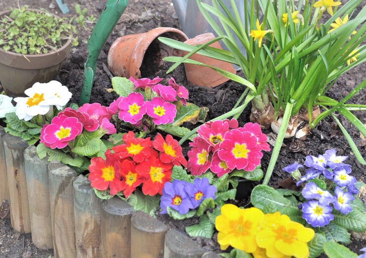 Foto bunte frühlingsblumenplantage im blumenbeet