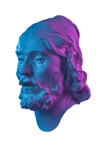 Bunte Gipskopie der antiken Statue von Johannes dem Täufer Kopf für Künstler isoliert auf weißem Hintergrund Gips Skulptur Mann Gesicht John taufte Jesus Art Poster in lila und blauen leuchtenden Farben