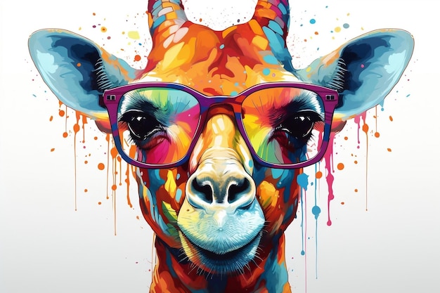 Bunte Giraffe mit Sonnenbrille Cartoon weißer Hintergrund generative KI