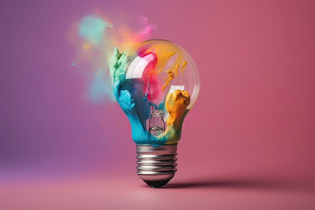 Bunte Glühbirnenlampe Glühbirne mit bunter Farbe und Spritzern isoliert auf farbigem Hintergrund Farben des Lebens Generative KI