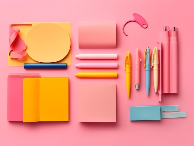 Bunte Gruppe von Schulbedarfsgeräten auf rosa Hintergrund