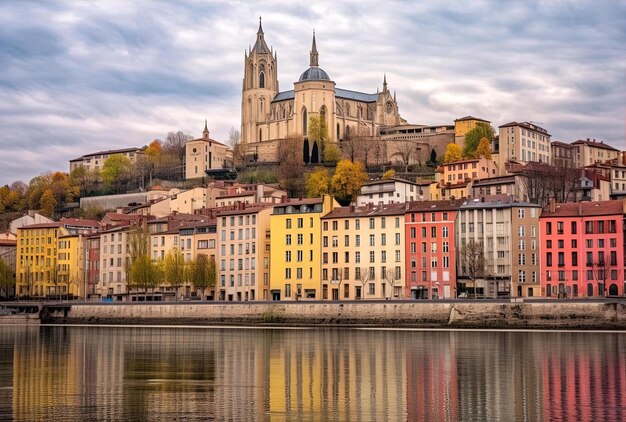 Bunte Häuser von Lyon und Fourvière-Basilika vom Ufer der Saône in Frankreich