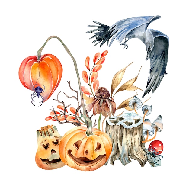 Bunte Halloween-Komposition mit Krähenaquarellillustration lokalisiert auf weißem Hintergrund